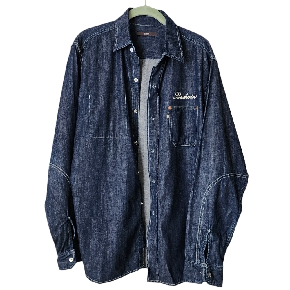 BEDWIN Japanese Denim Shirt Chain Stitch‎ Snap Button Workwear Size 46